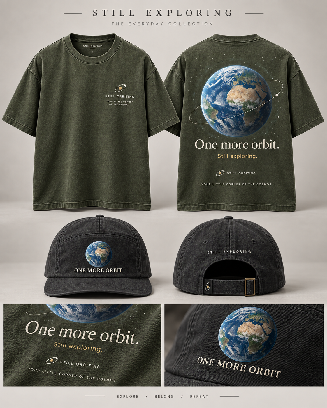 Olive tee and charcoal cap with timeless One more orbit artwork