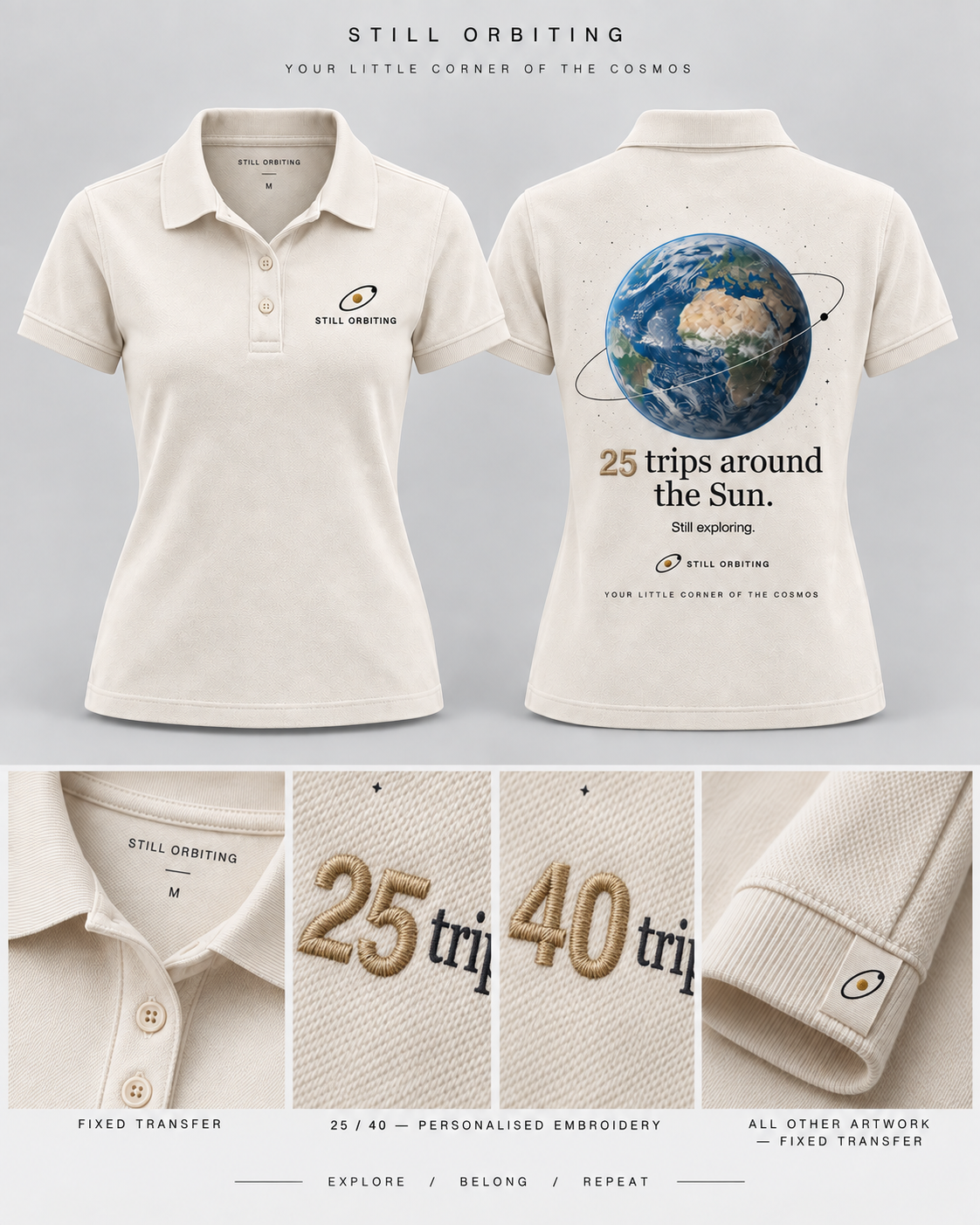 The Little Cosmos Polo in Ivory: front, back and brand details. Reference artwork; pictured numbers are examples.